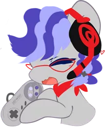 Size: 420x512 | Tagged: safe, artist:fluffire, derpibooru import, oc, oc:cinnabyte, unofficial characters only, earth pony, pony, adorkable, bandana, clapping, controller, cute, dork, earth pony oc, excited, gaming headphones, glasses, headphones, headset, icon, smiling, snes controller, telegram sticker
