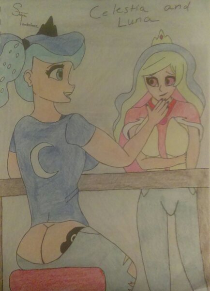 Size: 1594x2203 | Tagged: suggestive, artist:ryanpowderrock20's friend, derpibooru import, princess celestia, princess luna, human, equestria girls, breasts, butt crack, buttcrack, clothes, humanized, pants, pants down, public exposure, traditional art, wardrobe malfunction