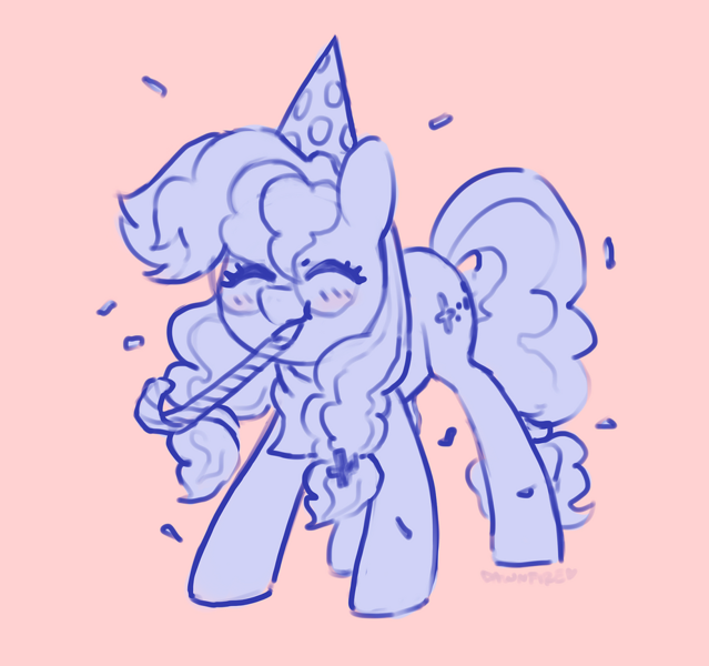 Size: 922x866 | Tagged: safe, artist:dawnfire, derpibooru import, oc, oc:cinnabyte, unofficial characters only, earth pony, pony, adorkable, birthday, confetti, cute, dork, earth pony oc, glasses, hat, neckerchief, party hat, party horn, patreon sketch, sketch, solo