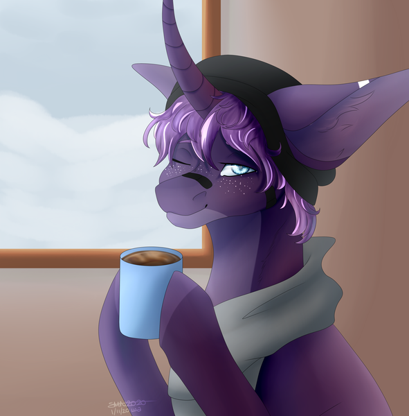 Size: 2953x3000 | Tagged: safe, artist:amcirken, derpibooru import, oc, oc:blade, pony, unicorn, coffee cup, cup, male, solo, stallion