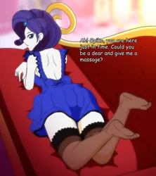 Size: 960x1080 | Tagged: suggestive, artist:fantasyblade, derpibooru import, rarity, equestria girls, ass, butt, clothes, dialogue, dress, female, implied foot massage, implied shipping, implied sparity, implied spike, implied straight, looking at you, looking back, looking back at you, looking over shoulder, rearity, solo, solo female