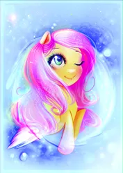 Size: 2480x3507 | Tagged: safe, artist:minamikoboyasy, derpibooru import, fluttershy, pegasus, pony, female, one eye closed, solo