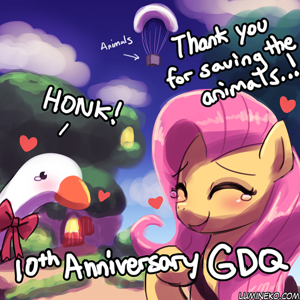 Size: 750x750 | Tagged: safe, artist:lumineko, derpibooru import, fluttershy, bird, goose, pegasus, pony, agdq, anniversary, crying, female, mare, painfully innocent fluttershy, parachute, set:fluttershy games done quick, tears of joy, untitled goose game