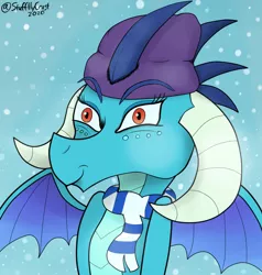 Size: 1900x2000 | Tagged: artist:icewoodblues, beanie, clothes, cute, derpibooru import, dragon, dragoness, emberbetes, female, hat, princess ember, safe, scarf, smiling, snow, solo