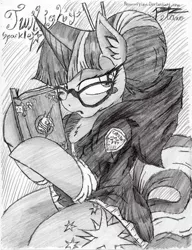 Size: 739x960 | Tagged: safe, artist:petanoprime, derpibooru import, twilight sparkle, pony, unicorn, alternate hairstyle, blush sticker, blushing, book, clothes, female, glasses, grayscale, hair bun, hairpin, hoodie, mare, monochrome, signature, solo, traditional art, unicorn twilight