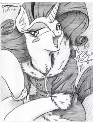 Size: 730x960 | Tagged: safe, artist:petanoprime, derpibooru import, rarity, pony, unicorn, blush sticker, blushing, clothes, female, grayscale, hoodie, mare, monochrome, open mouth, signature, smiling, solo, text, traditional art