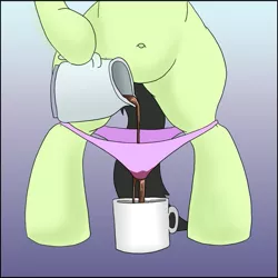 Size: 725x724 | Tagged: suggestive, alternate version, artist:happy harvey, derpibooru import, edit, oc, oc:anonfilly, unofficial characters only, earth pony, pony, belly button, clothes, coffee, coffee mug, colored, female, filly, food, implied watersports, kettle, mug, panties, panties around legs, panties pulled down, solo, tail, tea, underwear