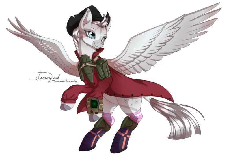 Size: 2912x2059 | Tagged: safe, artist:dreamyartcosplay, derpibooru import, oc, oc:crystal eclair, unofficial characters only, pegasus, pony, fallout equestria, boots, clothes, hat, looking back, pegasus oc, pipbuck, rearing, shoes, signature, simple background, solo, transparent background, wings