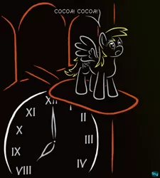 Size: 540x600 | Tagged: safe, artist:quint-t-w, derpibooru import, derpy hooves, pegasus, pony, clock, cuckoo clock, dark background, dialogue, old art, solo