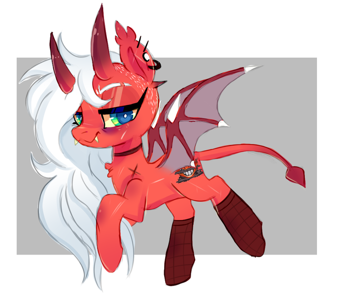 Size: 1070x904 | Tagged: abstract background, amputee, artist:peachesandcreamated, clothes, demon, demon pony, derpibooru import, devil horns, female, makeup, mare, monster mare, oc, oc:mayniacal, original species, safe, smiling, socks, solo, unofficial characters only