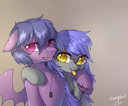 Size: 1100x916 | Tagged: safe, artist:swaybat, derpibooru import, oc, oc:bar, oc:larf, unofficial characters only, bat pony, pony, bat pony oc, bat wings, chest fluff, duo, ear fluff, female, floppy ears, gray background, jewelry, male, mare, necklace, signature, simple background, slit eyes, spread wings, stallion, tongue out, unshorn fetlocks, wings