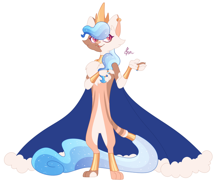 Size: 2702x2277 | Tagged: anthro, artist:polymercorgi, cape, clothes, crown, derpibooru import, digitigrade anthro, ethereal hair, ethereal mane, ethereal tail, hybrid, interspecies offspring, jewelry, oc, offspring, parent:capper, parent:princess celestia, parents:capperlestia, regalia, safe, simple background, solo, starry mane, unofficial characters only, white background