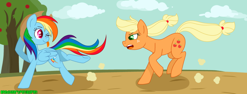 Size: 3497x1336 | Tagged: safe, artist:redheartponiesfan, derpibooru import, applejack, rainbow dash, pony, accessory theft, appledash, female, hat, lesbian, one eye closed, shipping, tongue out, wink