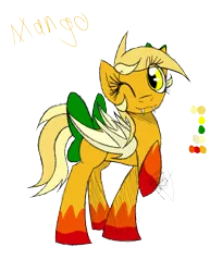 Size: 888x1150 | Tagged: safe, artist:didun850, derpibooru import, oc, oc:mango, unofficial characters only, bat pony, pony, bat pony oc, bat wings, bow, female, mare, one eye closed, raised hoof, reference sheet, signature, simple background, smiling, solo, tail bow, text, transparent background, wings, wink