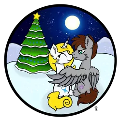 Size: 1500x1500 | Tagged: safe, artist:dawn-designs-art, derpibooru import, oc, oc:jezza, oc:tecuro, pegasus, pony, unicorn, christmas, christmas tree, circle, circle background, hearthswarming, holiday, tree