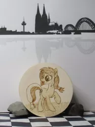 Size: 1280x1708 | Tagged: safe, artist:malte279, derpibooru import, oc, oc:colonia, earth pony, box, cologne, craft, pyrography, skyline, traditional art