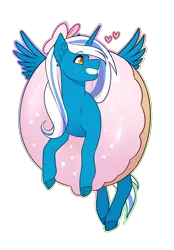 Size: 1546x2216 | Tagged: adorabelle, adorable face, alicorn, alicorn oc, alternate version, artist:royvdhel-art, bow, cute, derpibooru import, donut, female, food, grin, hair bow, heart, horn, mare, oc, oc:fleurbelle, safe, simple background, smiling, sprinkles, transparent background, wings, yellow eyes