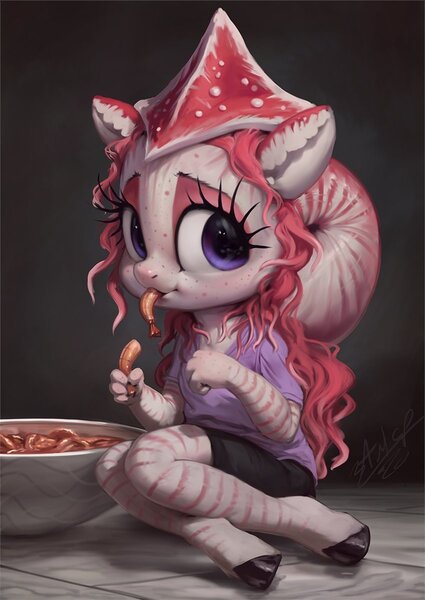 Size: 850x1200 | Tagged: anthro, anthro oc, artist:assasinmonkey, clothes, derpibooru import, eating, female, nautilus, nautilus pony, oc, oc:nautila, safe, shirt, shorts, shrimp, sitting, solo, tentacle hair, tentacles, t-shirt, unguligrade anthro, unofficial characters only, younger