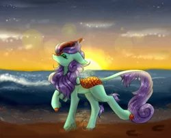 Size: 4960x4000 | Tagged: safe, artist:quasafox, derpibooru import, oc, oc:blazing frost, kirin, beach, cloud, lens flare, ocean, sun, sunset