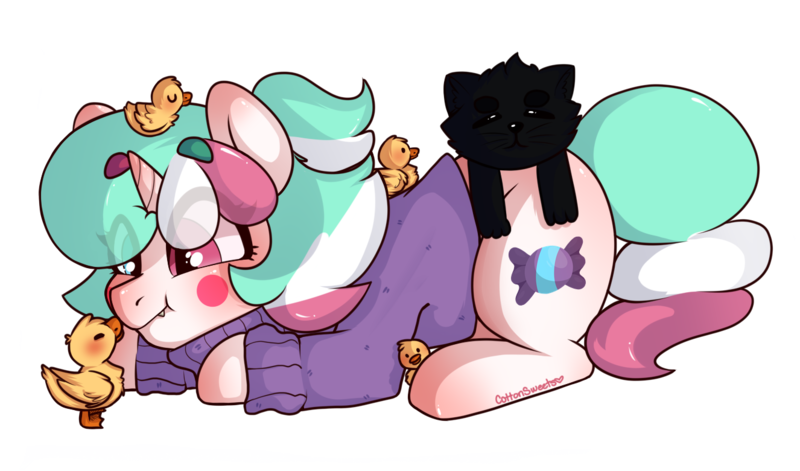 Size: 1326x780 | Tagged: safe, artist:cottonsweets, derpibooru import, oc, oc:cottonsweets, ponified, unofficial characters only, bird, candy pony, cat, cat pony, duck, food pony, original species, pony, unicorn, black cat, clothes, cute, female, food, mare, marshmallow, multicolored mane, nuzzling, simple background, smiling, solo, sweater, transparent background