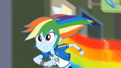 Size: 600x338 | Tagged: safe, derpibooru import, screencap, rainbow dash, equestria girls, equestria girls series, run to break free, spoiler:eqg series (season 2), animated, geode of super speed, gif, magical geodes, ponied up, rainbow trail, running, singing, smiling, solo, transformation, wings