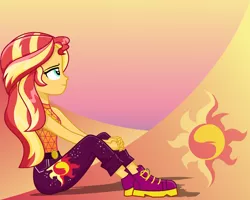 Size: 4526x3617 | Tagged: safe, artist:diilaycc, derpibooru import, sunset shimmer, equestria girls, equestria girls series, let it rain, spoiler:eqg series (season 2), boots, clothes, cutie mark, cutie mark background, female, gradient background, hands together, happy, music festival outfit, shoes, sitting, solo