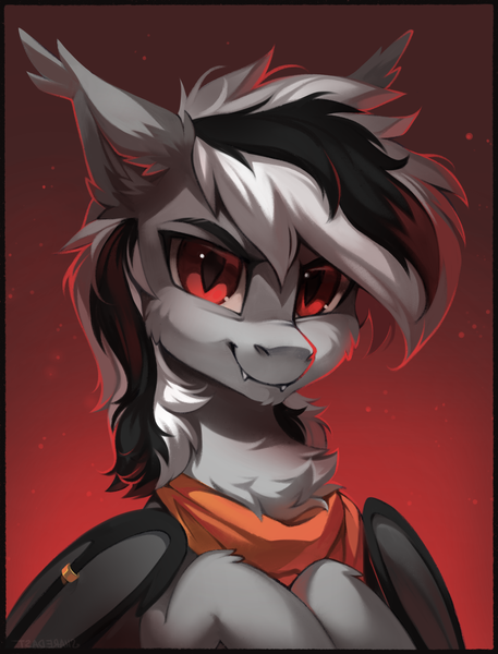 Size: 2117x2782 | Tagged: safe, artist:share dast, derpibooru import, oc, oc:stormdancer, bat pony, vampire, vampony, bandana, bat pony oc, bat wings, bust, chest fluff, chin fluff, ear fluff, fluffy, leg fluff, looking at you, portrait, red eyes, slit pupils, smiling, smirk, wing ring, wings