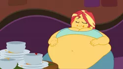 Size: 2560x1440 | Tagged: suggestive, artist:neongothic, derpibooru import, sunset shimmer, equestria girls, bbw, belly, belly button, big belly, big breasts, breasts, busty sunset shimmer, dishes, fanfic art, fat, huge belly, morbidly obese, obese, plate, relaxed, request, requested art, slobset shimmer, ssbbw, table, the tasty treat