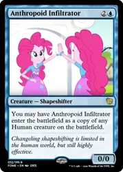 Size: 375x523 | Tagged: safe, derpibooru import, edit, pinkie pie, equestria girls, ccg, clothes, dress, friendship games bloopers, high five, implied changeling, magic the gathering, self paradox, trading card, trading card edit, wondercolt statue