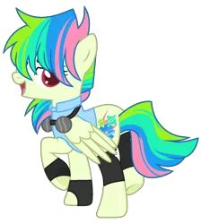 Size: 1278x1428 | Tagged: safe, artist:celestial-rue0w0, artist:klewgcg, derpibooru import, oc, oc:floor jack, unofficial characters only, pegasus, pony, base used, bedroom eyes, clothes, commission, female, fingerless gloves, gloves, goggles, leggings, mare, multicolored hair, open mouth, raised hoof, raised leg, show accurate, simple background, solo, tanktop, transparent background, underhoof