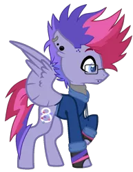 Size: 785x1018 | Tagged: safe, artist:celestial-rue0w0, artist:katnekobase, derpibooru import, oc, oc:ultraviolet ray, unofficial characters only, pegasus, pony, icey-verse, base used, clothes, commission, ear piercing, earring, fingerless gloves, glasses, gloves, hoodie, jewelry, lip piercing, magical lesbian spawn, male, multicolored hair, offspring, parent:oc:elizabat stormfeather, parent:tempest shadow, parents:canon x oc, parents:stormshadow, piercing, shirt, simple background, solo, stallion, transparent background, wristband