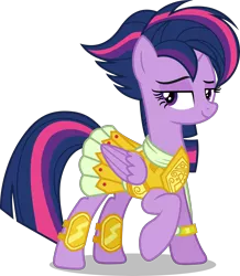 Size: 4250x4875 | Tagged: safe, artist:cencerberon, derpibooru import, twilight sparkle, twilight sparkle (alicorn), alicorn, pony, absurd resolution, alternate hairstyle, armor, athena sparkle, clothes, costume, female, looking at you, mare, punklight sparkle, raised hoof, show accurate, simple background, solo, transparent background, vector