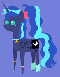 Size: 4024x5189 | Tagged: safe, artist:egor418, derpibooru import, princess luna, alicorn, pony, between dark and dawn, 80s, 80s princess luna, blue background, female, mare, pointy ponies, simple background, solo
