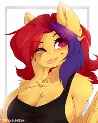 Size: 1200x1513 | Tagged: safe, artist:teranen, derpibooru import, oc, oc:berry slice, anthro, pegasus, big breasts, bleb, breasts, bust, chest fluff, cleavage, cleavage fluff, ear fluff, multicolored hair, one eye closed, tongue out, wink