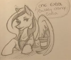 Size: 2048x1732 | Tagged: safe, artist:pockypocky, derpibooru import, oc, oc:bubblebright, unofficial characters only, pegasus, pony, female, mare, monochrome, pencil, sketch, solo, traditional art