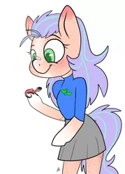 Size: 2000x2800 | Tagged: safe, artist:katyusha, derpibooru import, oc, oc:maybree, anthro, earth pony, lizard, bandaids, blushing, clothes, cute, female, freckles, green eyes, image, long hair, miniskirt, pleated skirt, png, purple hair, skirt, smiling, tomboy, white hooves