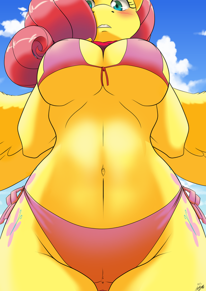 Size: 1343x1900 | Tagged: questionable, artist:the-unicorn-lord, derpibooru import, edit, fluttershy, anthro, bat pony, pegasus, absolute cleavage, belly button, big breasts, bikini, blushing, both cutie marks, breasts, busty fluttershy, cameltoe, cleavage, clothes, cutie mark, erect nipples, female, flutterbat, hips, looking at you, low angle, nipple outline, pink swimsuit, pinup, race swap, side-tie bikini, solo, solo female, string bikini, swimsuit, underboob, wide hips
