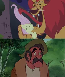 Size: 1808x2159 | Tagged: safe, derpibooru import, edit, edited screencap, screencap, fluttershy, manny roar, human, manticore, pegasus, pony, friendship is magic, hunter, licking, meme, reaction image, shocked, surprised, the fox and the hound, tongue out