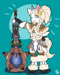 Size: 800x1000 | Tagged: safe, artist:omnipomm, artist:taletrotter, derpibooru import, oc, oc:panacea, unicorn, barbarian, bipedal, braid, clothes, colored, commission, crossdressing, ear piercing, earring, femboy, flat colors, horn, hunting horn, jewelry, kirin armor, male, monster hunter, monster hunter world, monster hunter world iceborne, piercing, ponytail, solo, standing pony, standing upright, trap, tribal, weapon