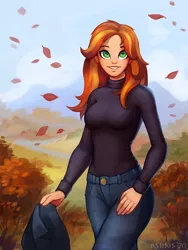 Size: 900x1200 | Tagged: artist:asimos, autumn, clothes, cute, derpibooru import, female, human, humanized, jeans, leaf, leaves, pants, safe, shimmerbetes, smiling, solo, sunset shimmer, sweater, turtleneck