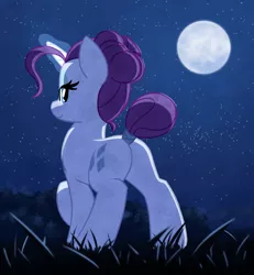 Size: 900x975 | Tagged: safe, artist:masserey, derpibooru import, rarity, pony, unicorn, alternate hairstyle, bedroom eyes, butt, cute, female, full moon, glowing horn, hair bun, horn, looking at you, looking back, looking back at you, mare, moon, night, plot, raribetes, rear view, rearity, sky, solo, starry night, stars, tail bun, tail wrap