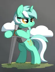 Size: 1075x1415 | Tagged: safe, artist:masserey, derpibooru import, lyra heartstrings, pony, unicorn, armor, bipedal, clothes, cloud, female, gray background, leaning on something, mare, serious, serious face, simple background, solo, sword, weapon