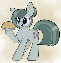 Size: 3334x3451 | Tagged: safe, artist:itsmeelement, derpibooru import, marble pie, earth pony, pony, alternate hairstyle, chest fluff, cute, ear fluff, female, food, hair bun, high res, marblebetes, mare, open mouth, pie, solo