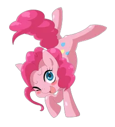 Size: 2852x3154 | Tagged: artist:ino, blushing, cute, derpibooru import, diapinkes, handstand, high res, one eye closed, on front legs, open mouth, pinkie pie, pixiv, safe, simple background, solo, transparent background, upside down, wink