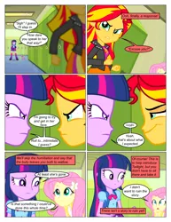 Size: 612x792 | Tagged: safe, artist:greatdinn, artist:newbiespud, derpibooru import, edit, edited screencap, screencap, fluttershy, spike, sunset shimmer, twilight sparkle, dog, comic:friendship is dragons, equestria girls, equestria girls (movie), clothes, collaboration, comic, cutie mark, cutie mark on clothes, dialogue, frown, hairclip, lockers, pointing, sad, screencap comic