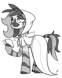 Size: 2000x2500 | Tagged: artist:katyusha, cloak, clothes, commission, commission example, cute, derpibooru import, fanfic:shadow of equestria, grayscale, lineart, monochrome, oc, oc:doctor althea, photo, safe, zebra