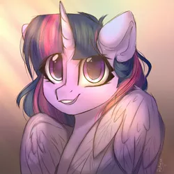 Size: 1280x1280 | Tagged: safe, artist:reterica, derpibooru import, twilight sparkle, twilight sparkle (alicorn), alicorn, pony, bust, crepuscular rays, cute, female, looking at you, mare, portrait, smiling, solo, twiabetes