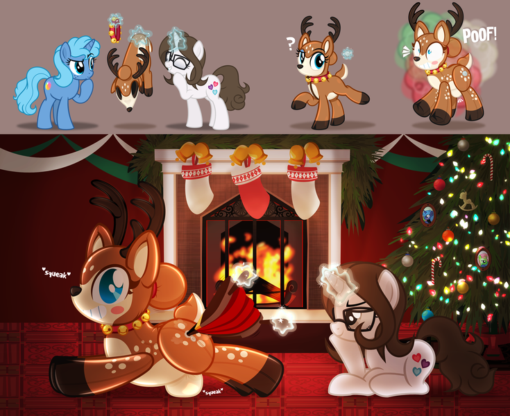 Size: 3800x3100 | Tagged: suggestive, artist:nxzc88, derpibooru import, oc, oc:ocean shores, oc:pyrisa miracles, deer, pony, reindeer, unicorn, air nozzle, animal costume, bell, bell collar, bellows, bells, blush sticker, blushing, christmas, christmas stocking, christmas tree, clothes, collar, comic, costume, crotch bulge, female to male, fire, fireplace, forced smile, grin, holiday, inanimate tf, inflatable, inflating, inflation, latex, levitation, magic, magic aura, nudity, one eye closed, onomatopoeia, poof, reindeer costume, rule 63, smiling, socks, squeak, stockings, telekinesis, thigh highs, transformation, transgender transformation, tree, wink