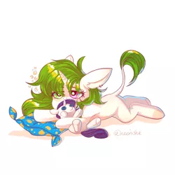 Size: 3000x3000 | Tagged: safe, artist:neonishe, derpibooru import, rarity, oc, oc:sugarstar, pony, unicorn, colored hooves, female, heterochromia, leonine tail, mare, plushie, simple background, sleepy, solo, white background