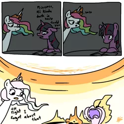 Size: 500x500 | Tagged: safe, artist:pencilbrony, derpibooru import, princess celestia, twilight sparkle, pony, book, comic, dialogue, didn't think this through, female, fire, mare, open mouth, sun, this ended in fire, this will end in death, this will end in tears, this will end in tears and/or death